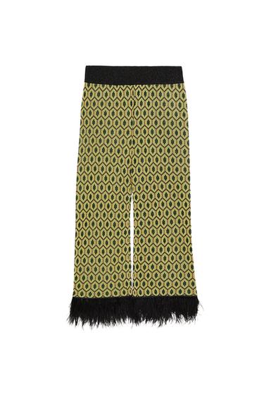 JACQUARD TROUSERS WITH FEATHER TRIMS