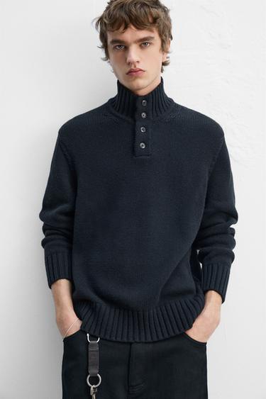 COTTON-WOOL BLEND BUTTON-UP SWEATER - Dark navy by Zara - Image 5