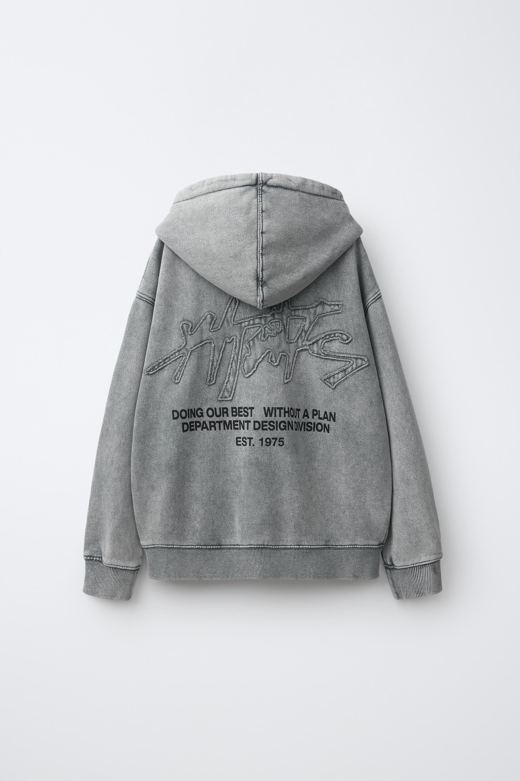 WASHED EFFECT HOODIE WITH TEXT — Gray (alternate view)