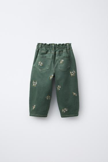 PANTALON BAGGY EN SERGÉ AVEC FLEURS BRODÉES - Vert de Zara - Image 1