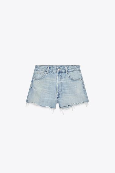 TRF LOW-RISE CROPPED BAGGY DENIM SHORTS - Light blue by Zara