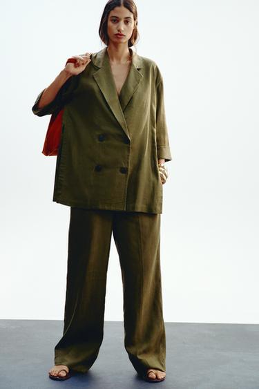 PANTALON LARGE AVEC LIN - Kaki foncé de Zara