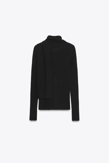 RIB KNIT CARDIGAN WITH SCARF - Black by Zara - Image 7