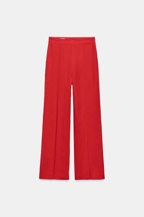 STRAIGHT LINEN BLEND TROUSERS - Red by Zara - Image 0