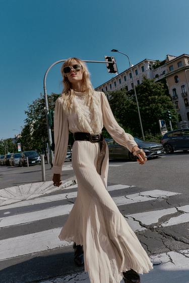 ROBE MIDI DENTELLE CEINTURE - Écru moyen de Zara - Image 1