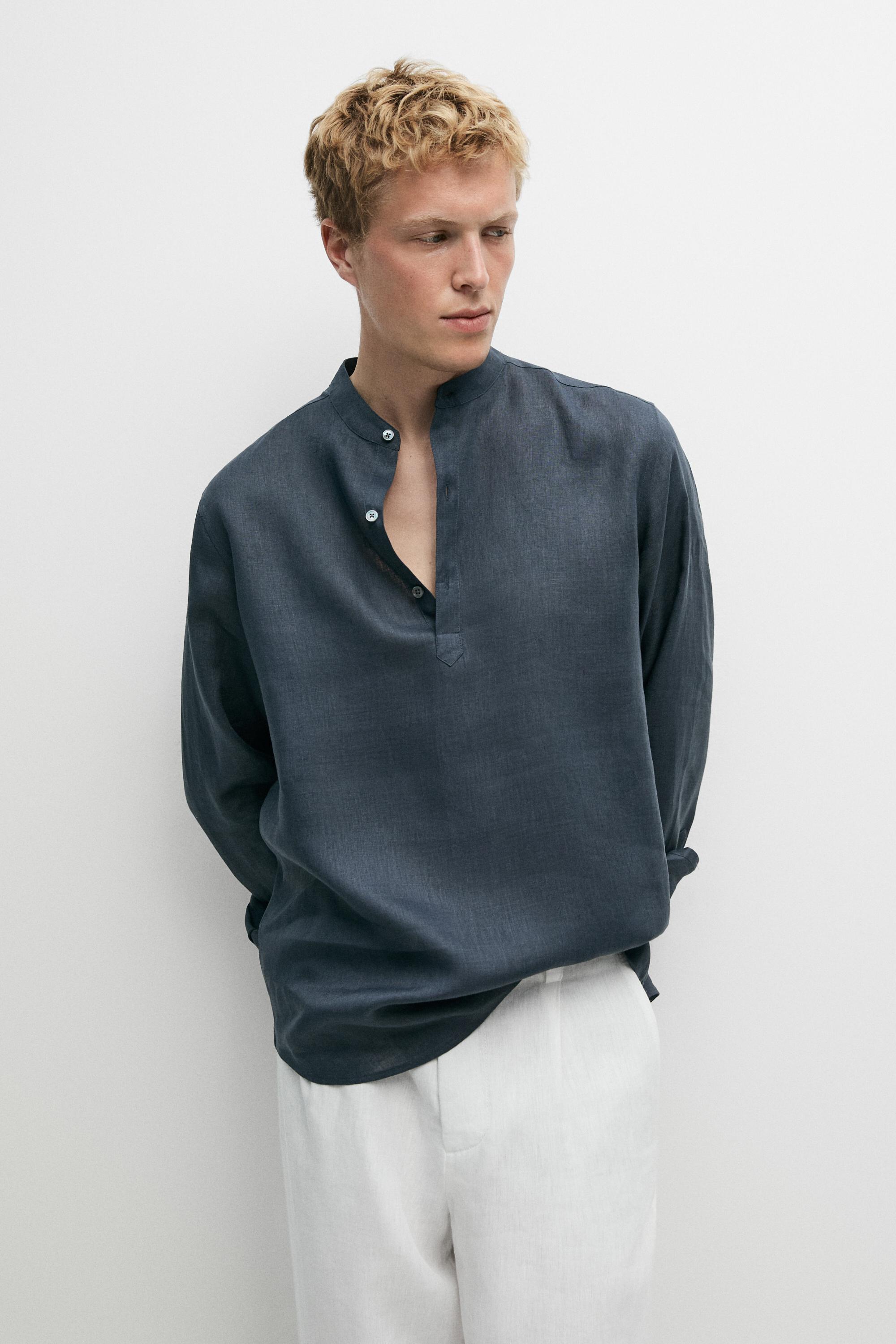 Regular fit stand collar 100% linen shirt - Petrol blue | ZARA Canada