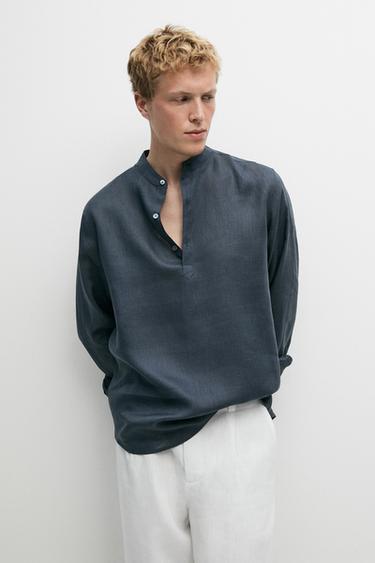Zara Regular fit stand collar 100% linen shirt - Petrol blue