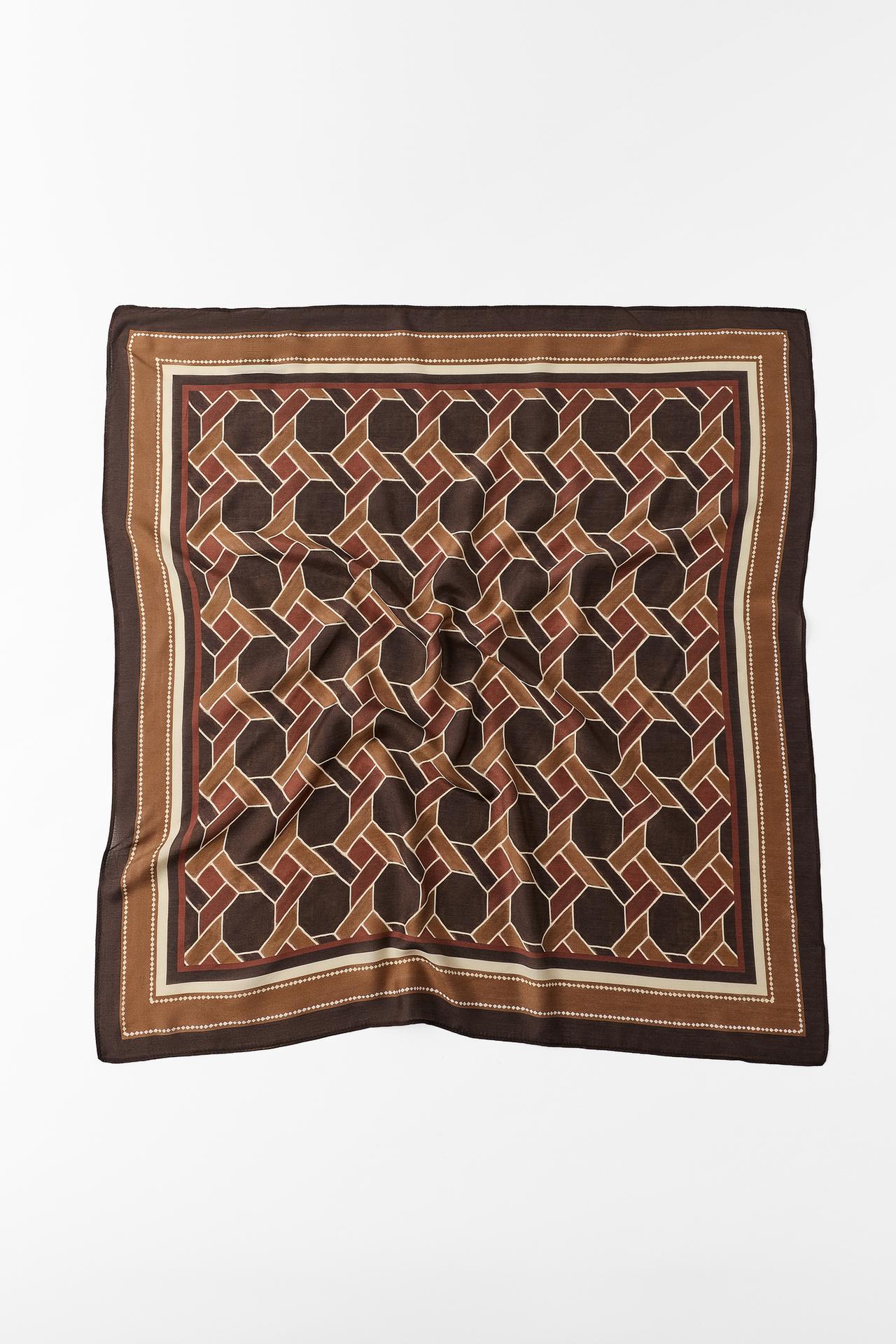 GEOMETRIC PRINT SILK SCARF — Brown
