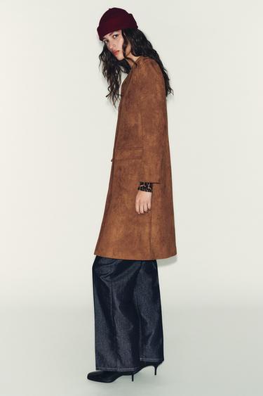 Zara 仿麂皮絨面料燕尾服式大衣 - 煙棕色