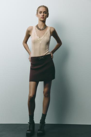 Zara BELTED KNIT MINI SKIRT - Brown