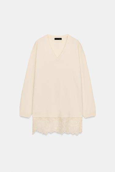 LONG KNIT JUMPER WITH LACE DETAIL - Vanilla by Zara