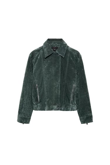 100% LEATHER SUEDE JACKET - Khaki by Zara