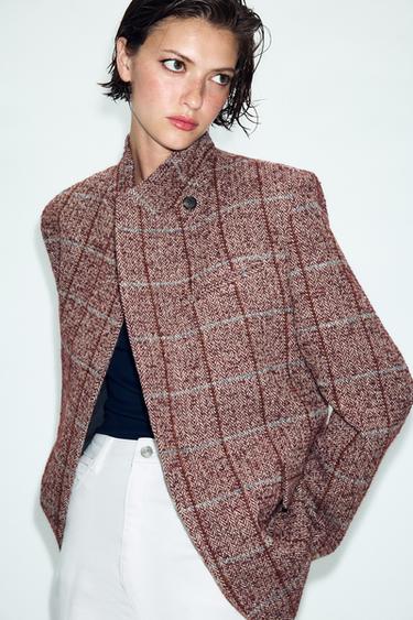 ZW COLLECTION CHECKED DOUBLE-BREASTED BLAZER - BORDEAUX by Zara