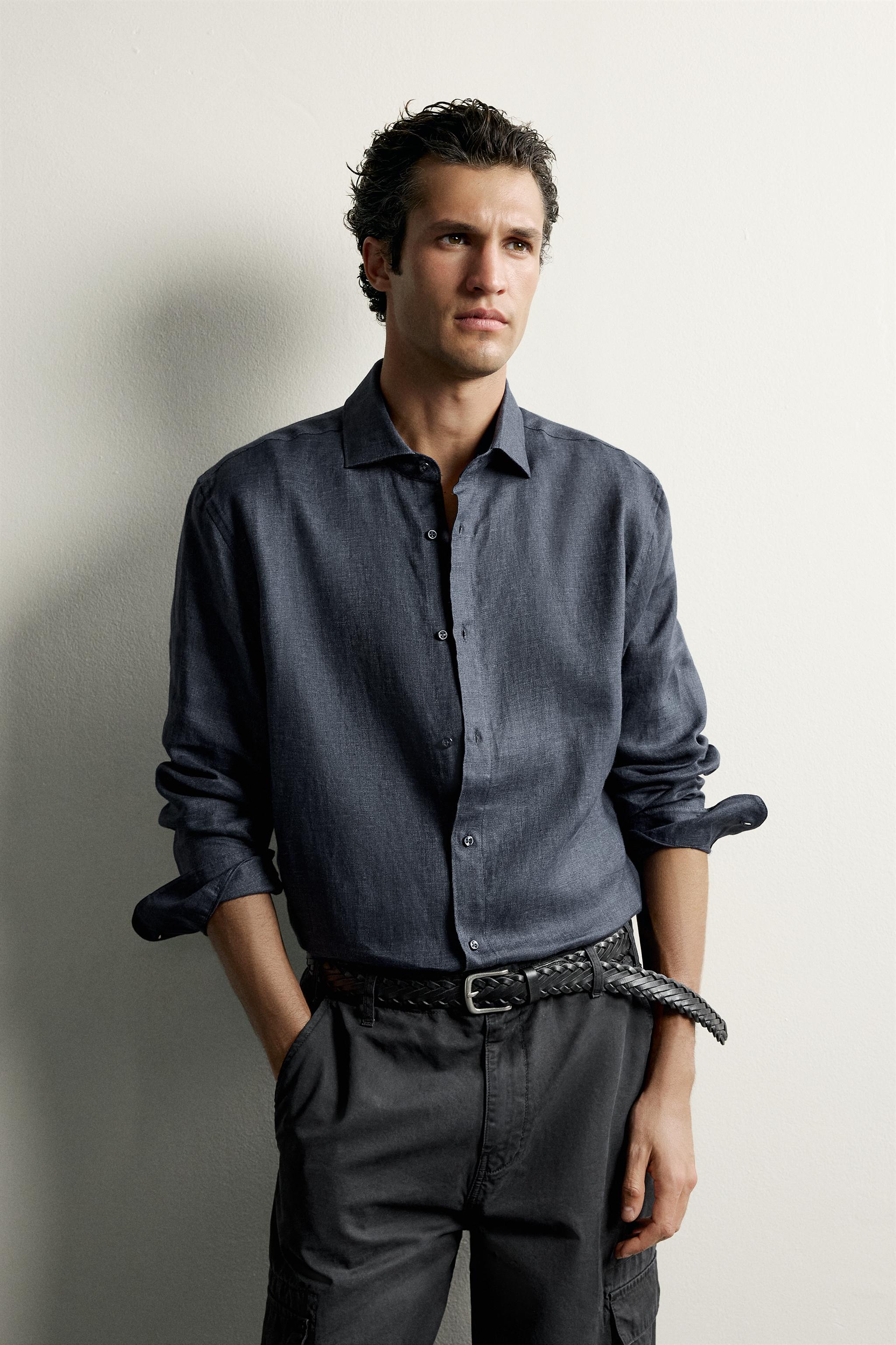 100% LINEN REGULAR FIT SHIRT — Blue / Indigo