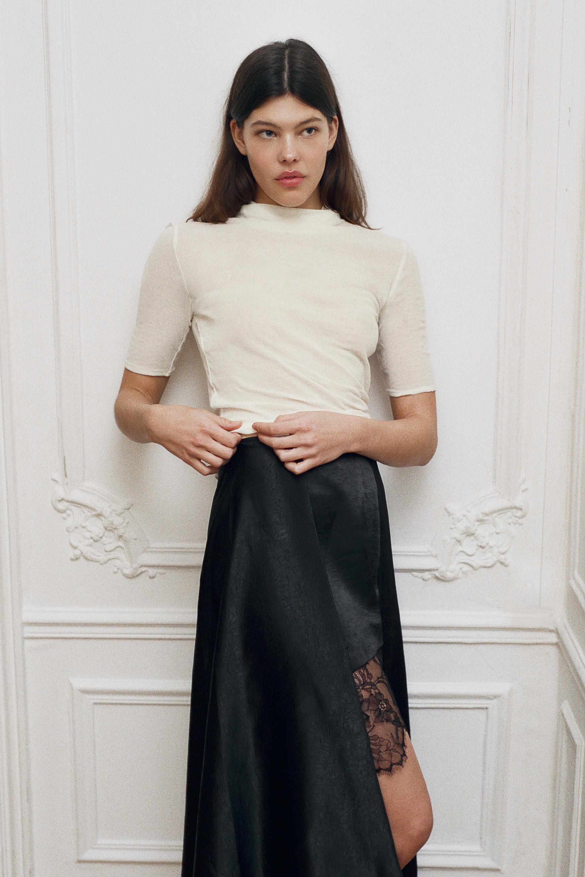 WRINKLED EFFECT LACE MIDI SKIRT