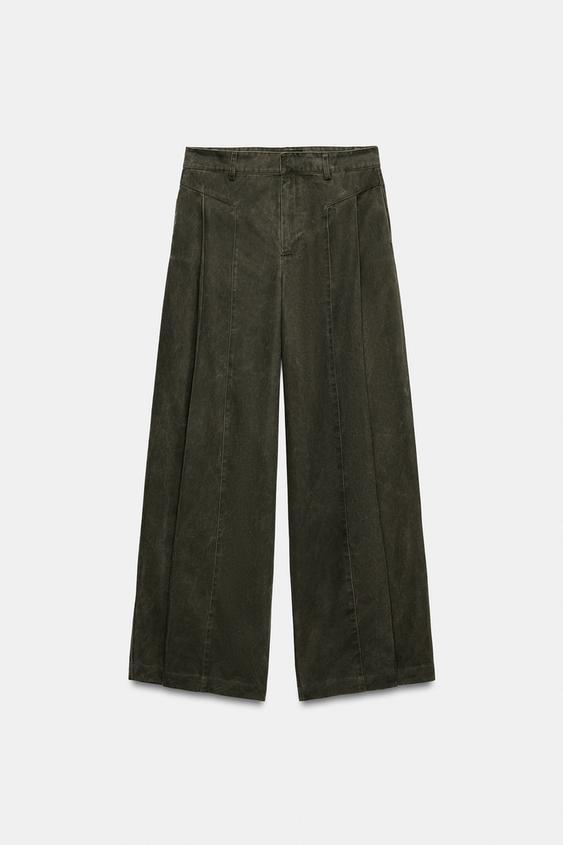WASHED-EFFECT PLEATED TROUSERS - Dark khaki by Zara - Image 0