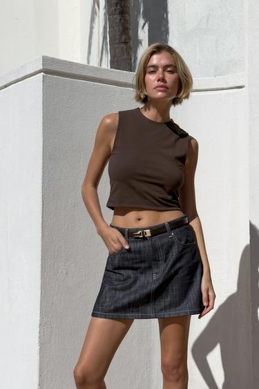 BAWEŁNIANY TOP O KROJU CROPPED - Czekoladowy Zara