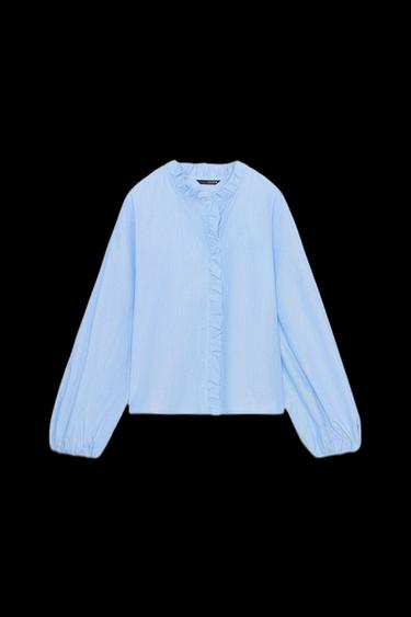 Zara RUFFLED POPLIN BLOUSE - Blue / White - Image 0