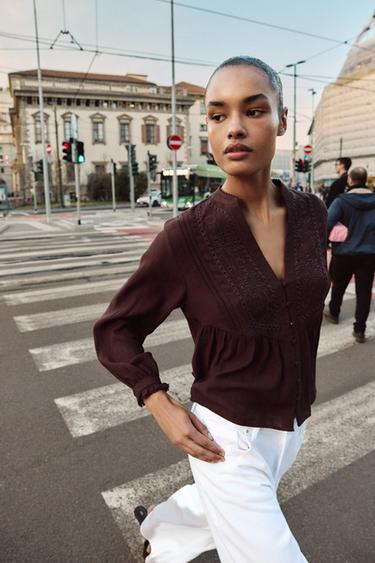 EMBROIDERED BLOUSE - Brown by Zara