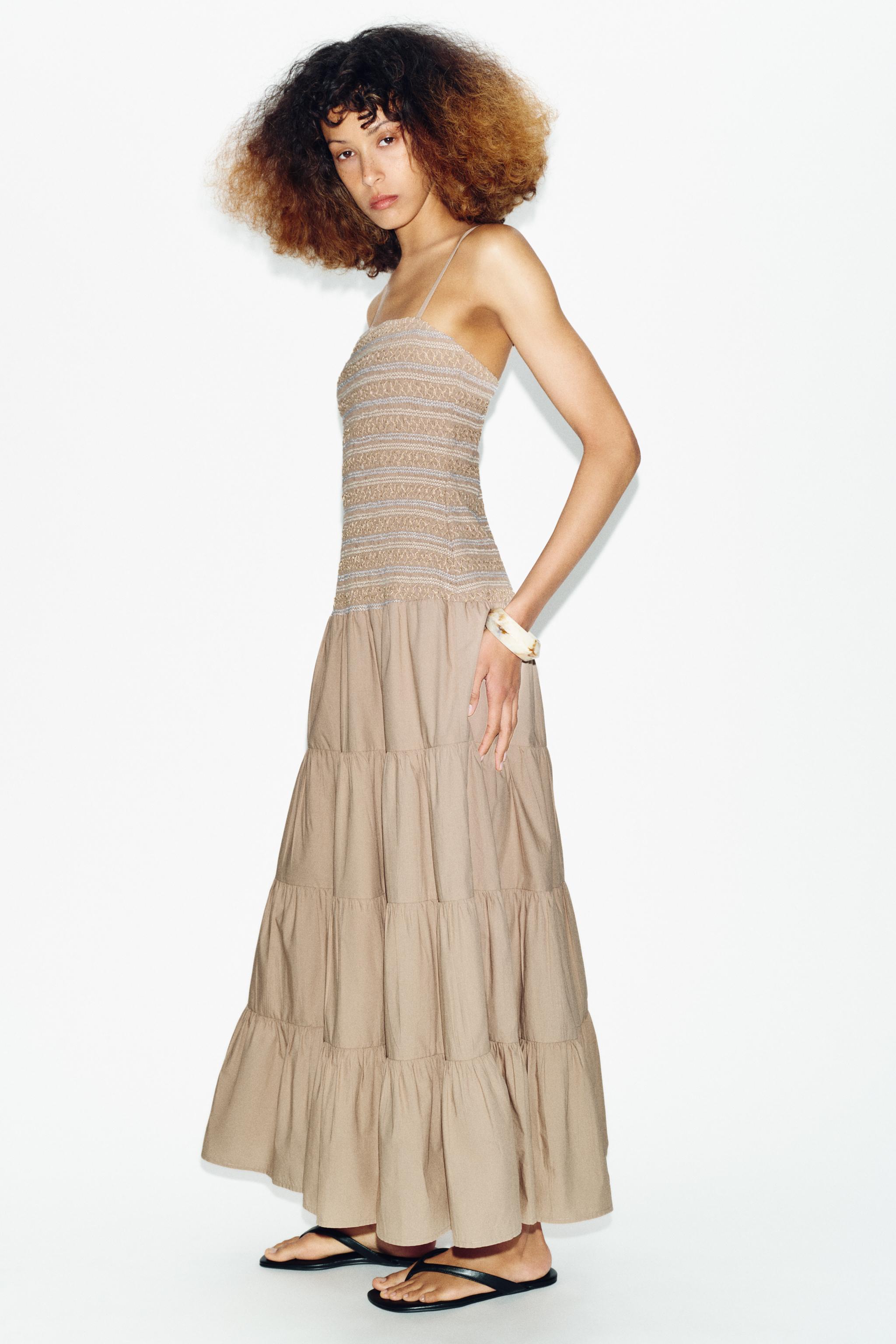 EMBROIDERED SMOCKED MIDI DRESS - Dark beige | ZARA United States EMBROIDERED SMOCKED MIDI DRESS - Dark beige | ZARA United States