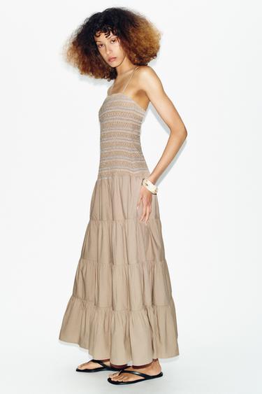 EMBROIDERED SMOCKED MIDI DRESS - Dark beige by Zara - Image 2