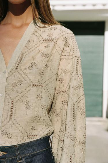 CHEMISE BRODÉE PERFORÉE - Kaki clair de Zara - Image 3