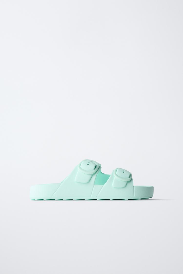RUBBERIZED BUCKLED SANDALS — Turquoise Blue