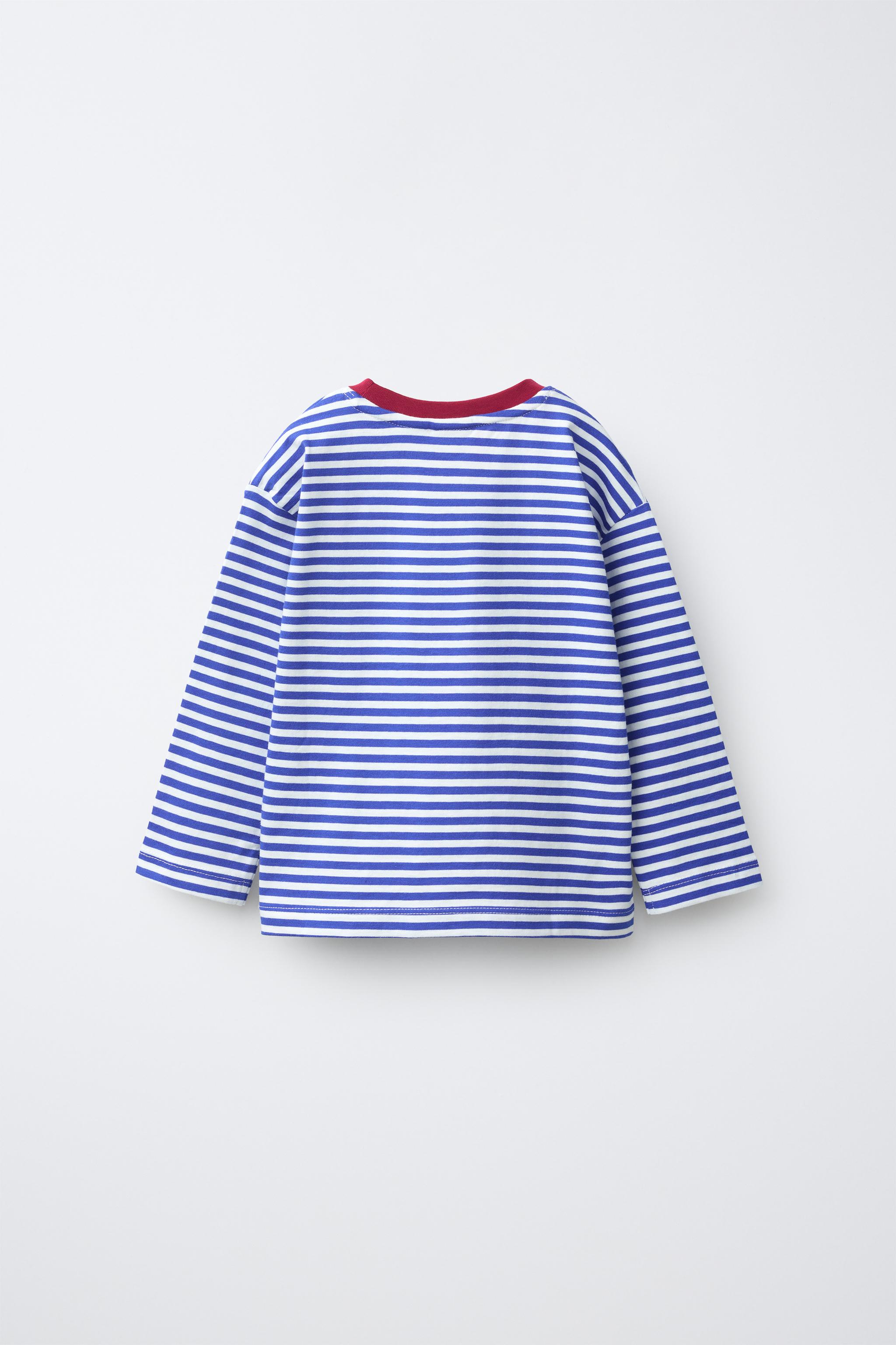 STRIPED CONTRAST COLLAR T-SHIRT — Blue / White
