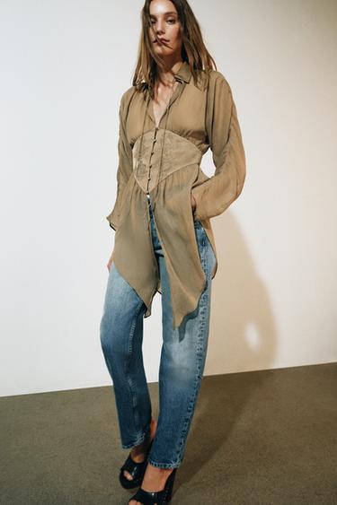 VLOEIEND OVERHEMD MET KANT ZW COLLECTION - Lichtbeige van Zara - Afbeelding 0
