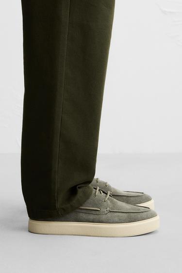 Zara CASUAL LEATHER DECK SHOES - Khaki Green - Image 0