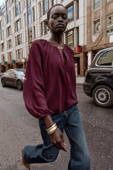 SEMITRANSPARENTE BLUSE MIT BESATZ - Dunkles Aubergine von Zara - Bild 0