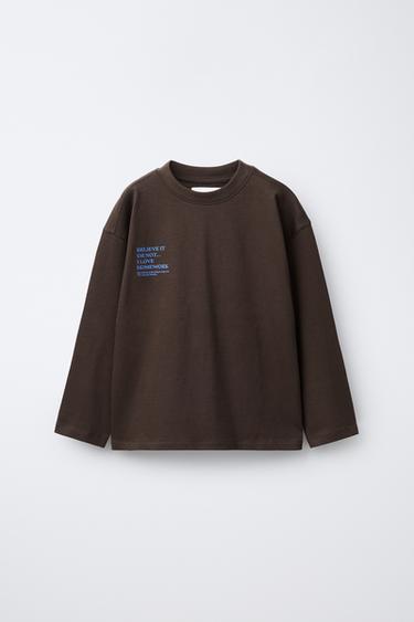 CONTRAST SLOGAN PRINT T-SHIRT - Chocolate by Zara - Image 0