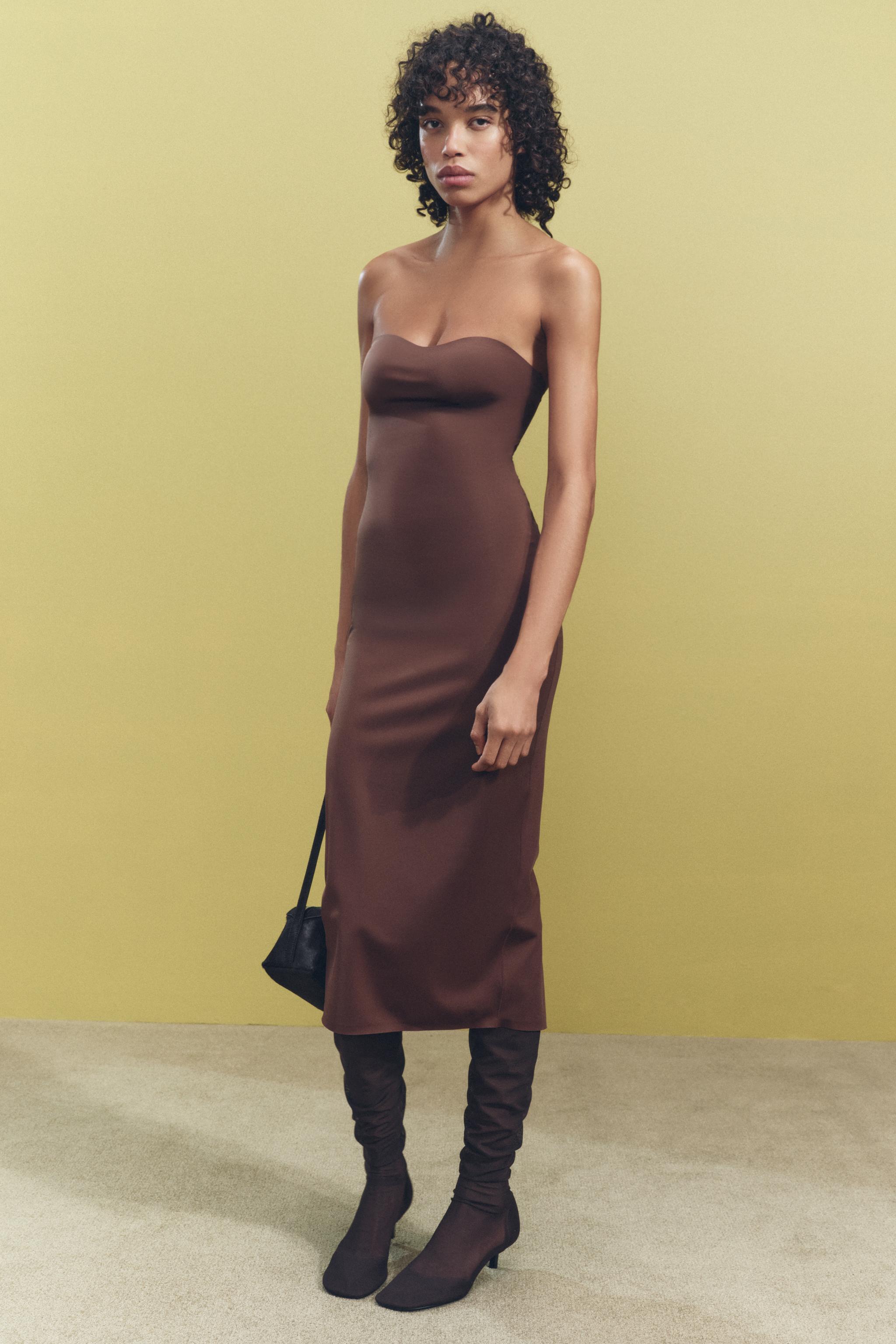 Zara Vestido Midi Satinado Abertura En Marron Claro Mx 30 Us L Mujer