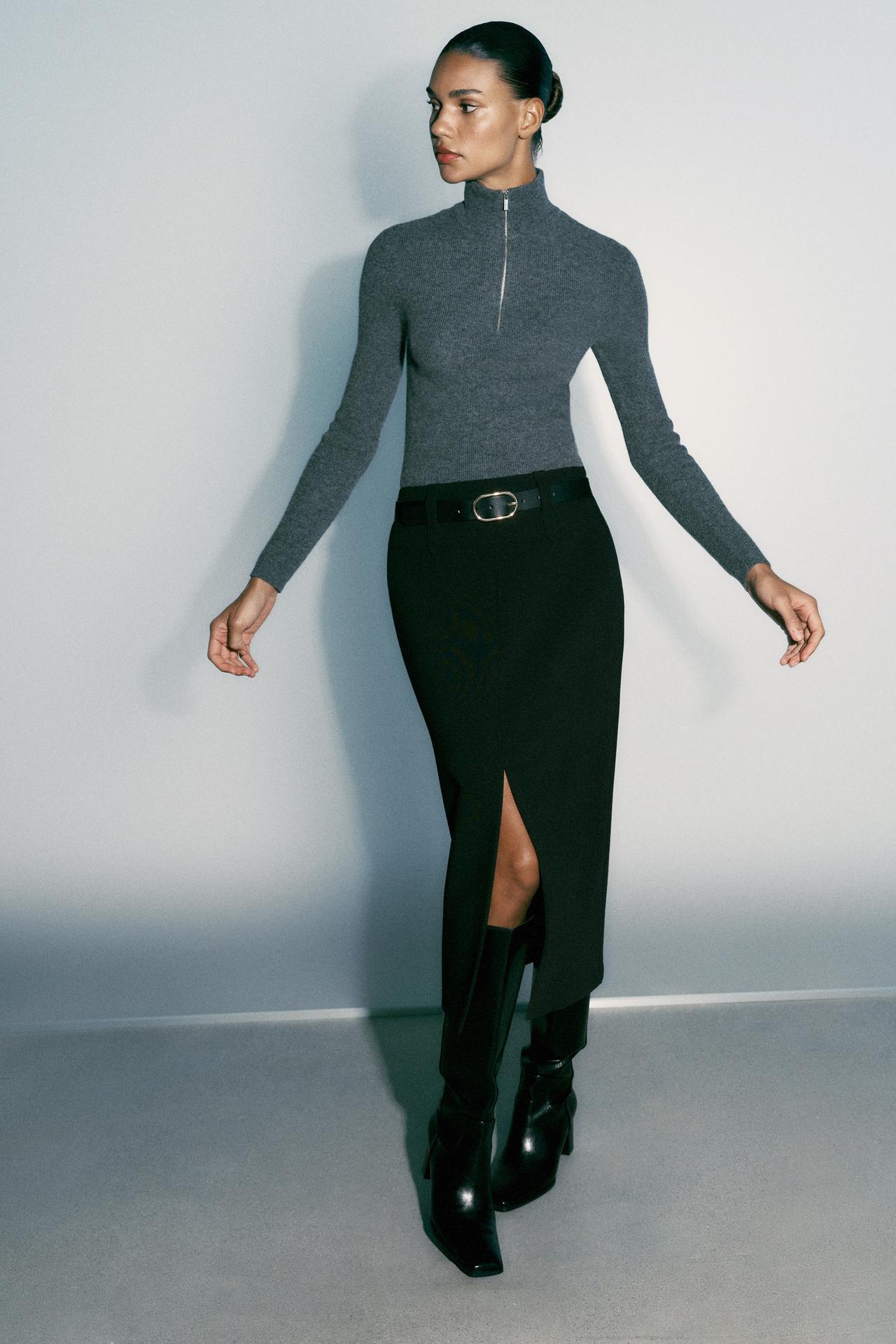 BELTED MIDI SKIRT — Black