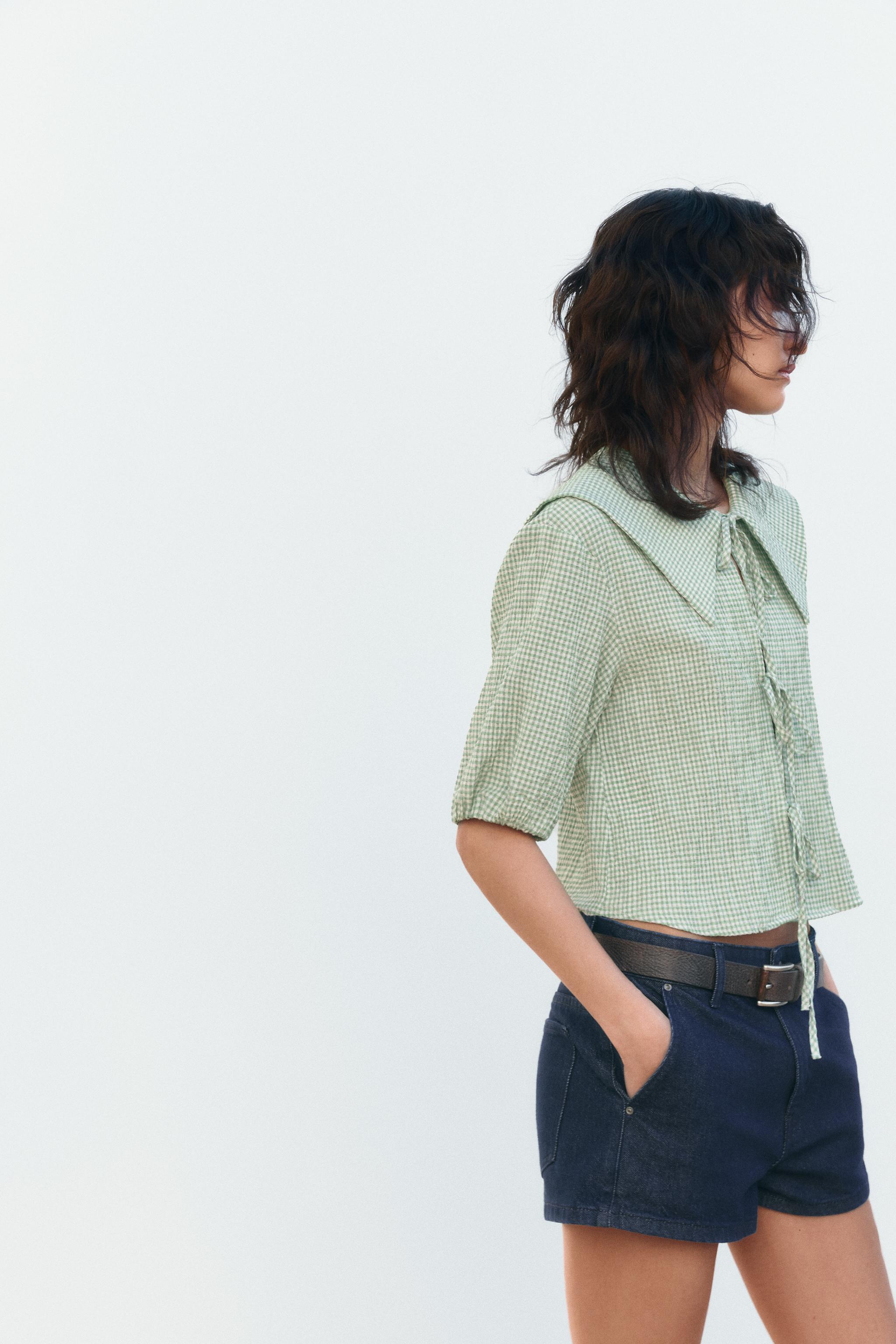 クロップド ギンガムチェック シャツ - ダークブラウン | ZARA