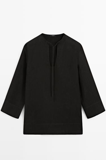 Zara 100% linen stand collar mini dress - Black