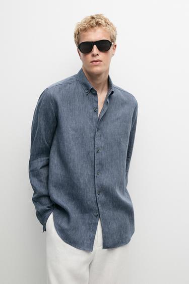 Chemise regular fit milleraies 100 % lin - Bleu marine de Zara