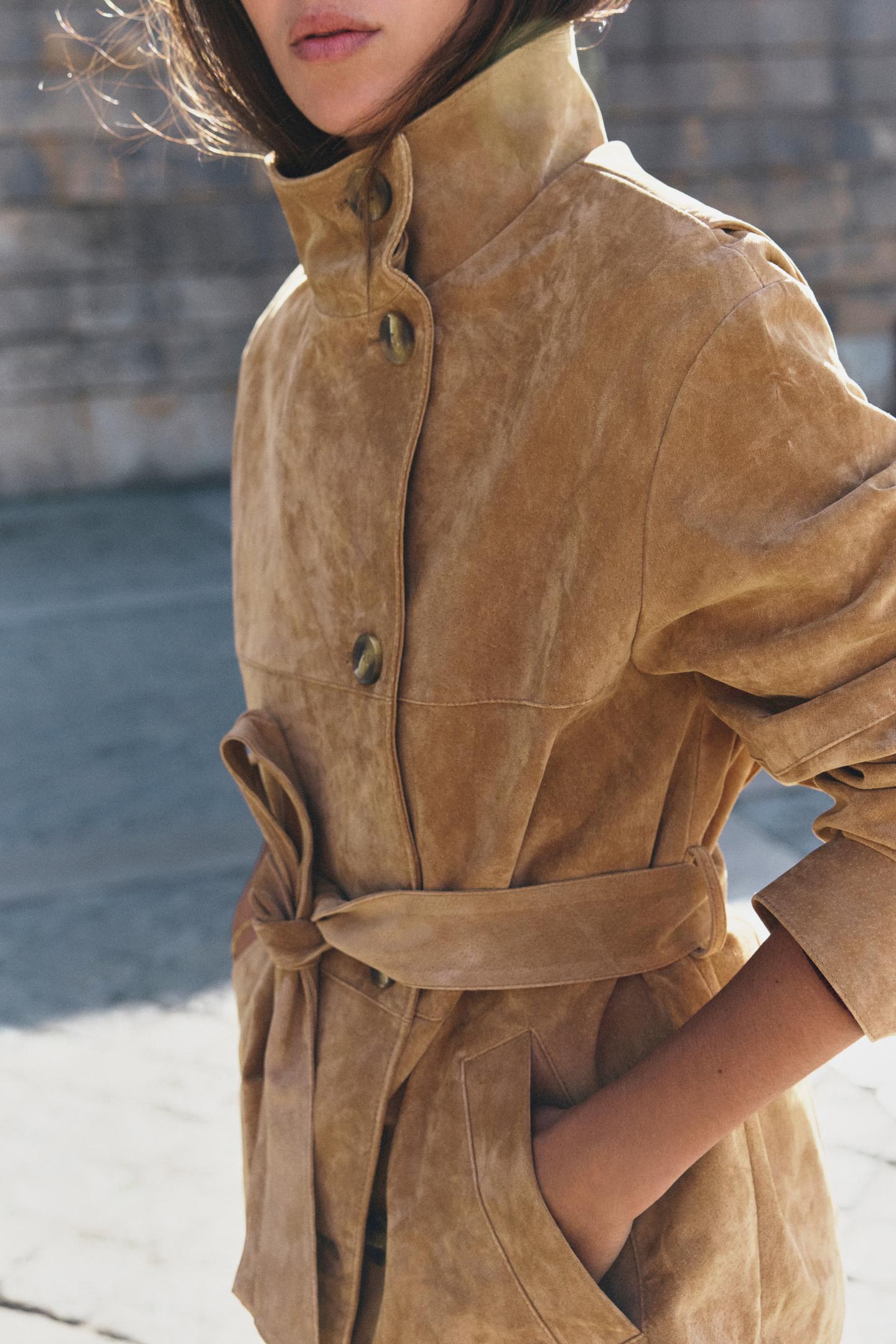 Женская куртка Zara 100% Leather Belted, цвет: Верблюжий — фото 4