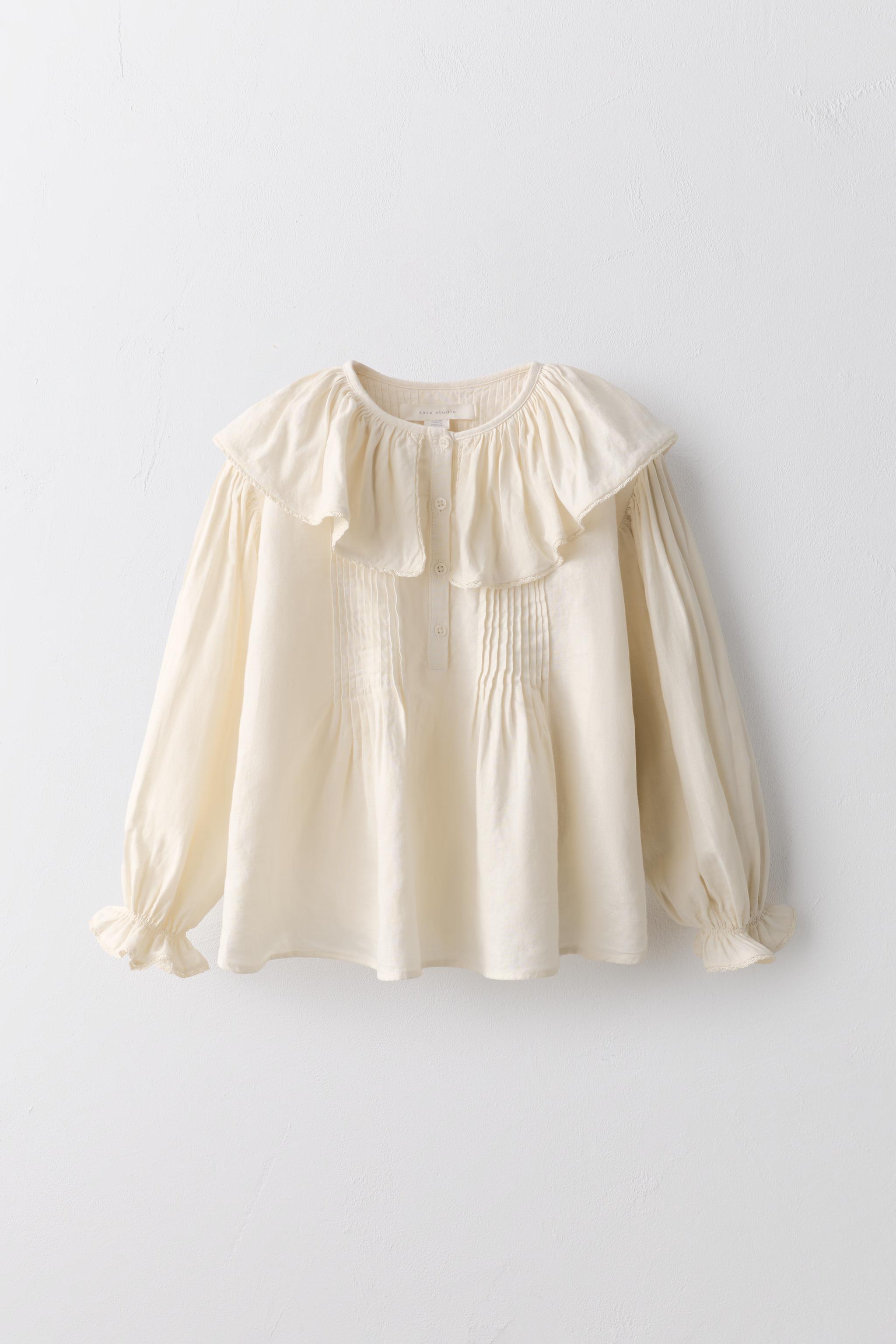 6-10 YEARS/ PLEATED LACE TRIM COTTON LINEN BLOUSE LIMITED EDITION