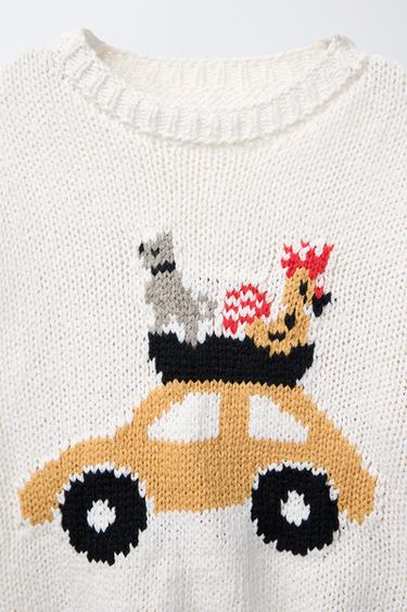 CAR AND ANIMAL PRINT KNITTED SWEATER - Ecru by Zara - Image 2