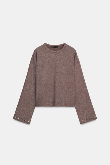 Zara SOFT STUD SWEATSHIRT - Brown marl
