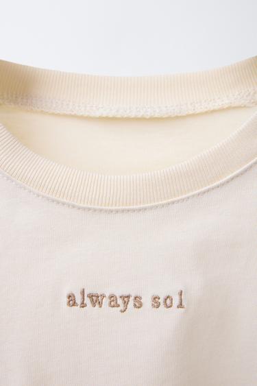 T-SHIRT WITH EMBROIDERED SLOGAN - Light beige by Zara - Image 2