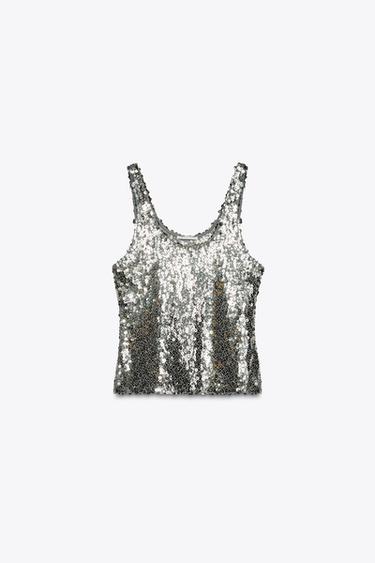 Zara SEQUIN STRAP TOP - Silver