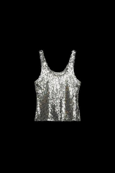 Zara SEQUIN STRAP TOP - Silver - Image 0