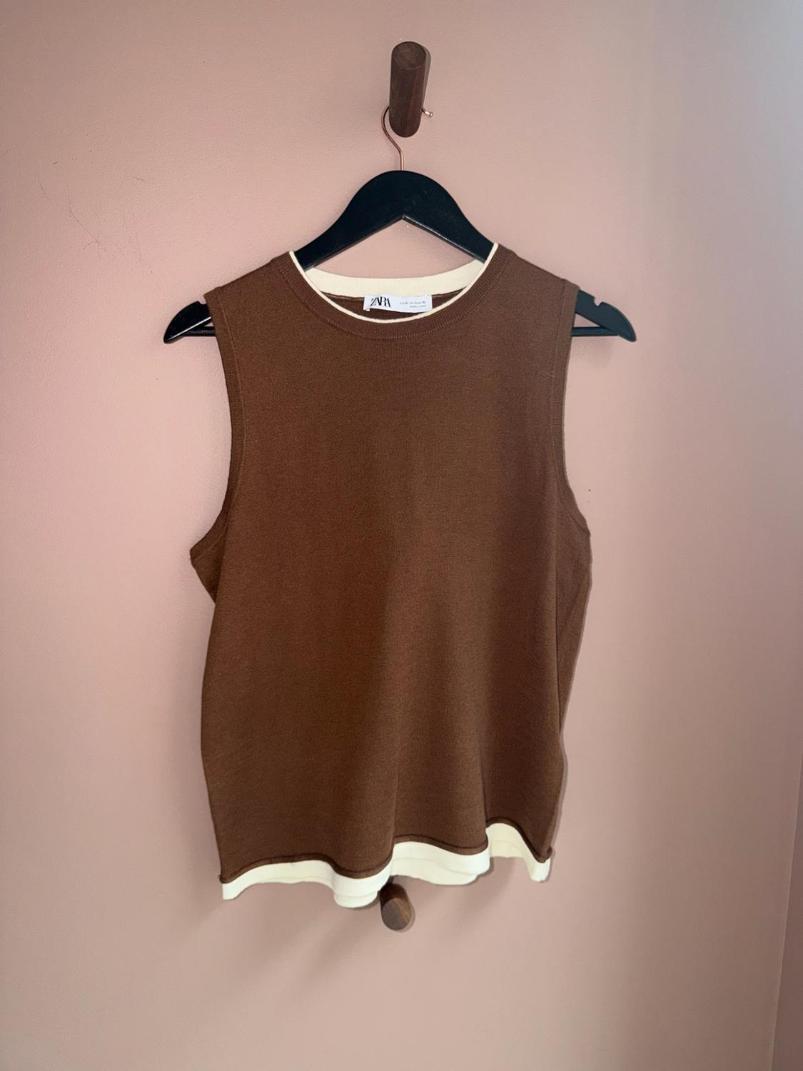 Brown sleeveless top with white trim, hanging on a black hanger against a pink wall. ZARA can be read on the label.