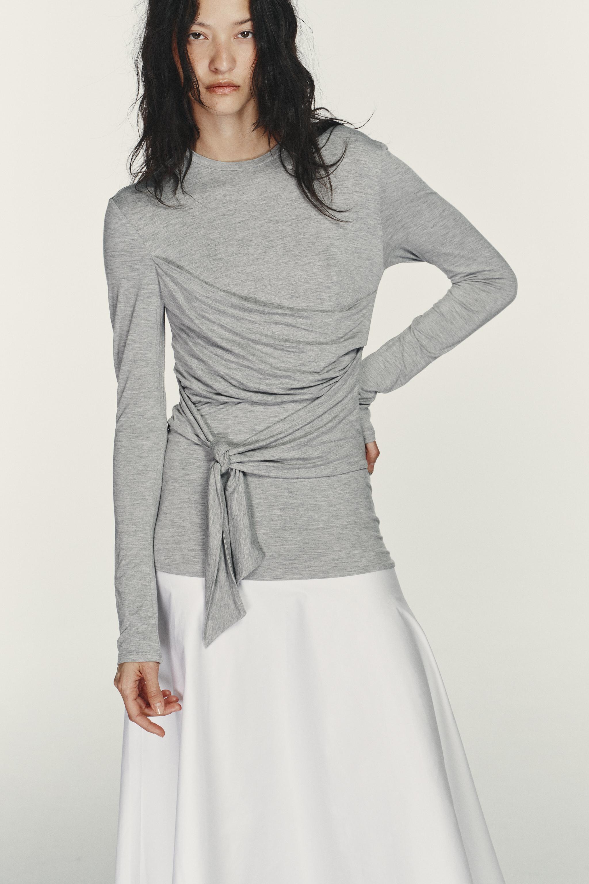 COMBINATION TIE-DETAIL MIDI DRESS — White / Gray