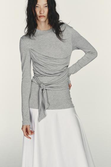 ROBE MIDI BIMATIÈRE À NŒUD - Blanc / Gris de Zara - Image 1