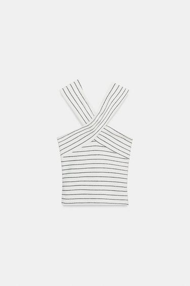 BOUCLÉ CROSSOVER TOP - White / Navy by Zara - Image 6