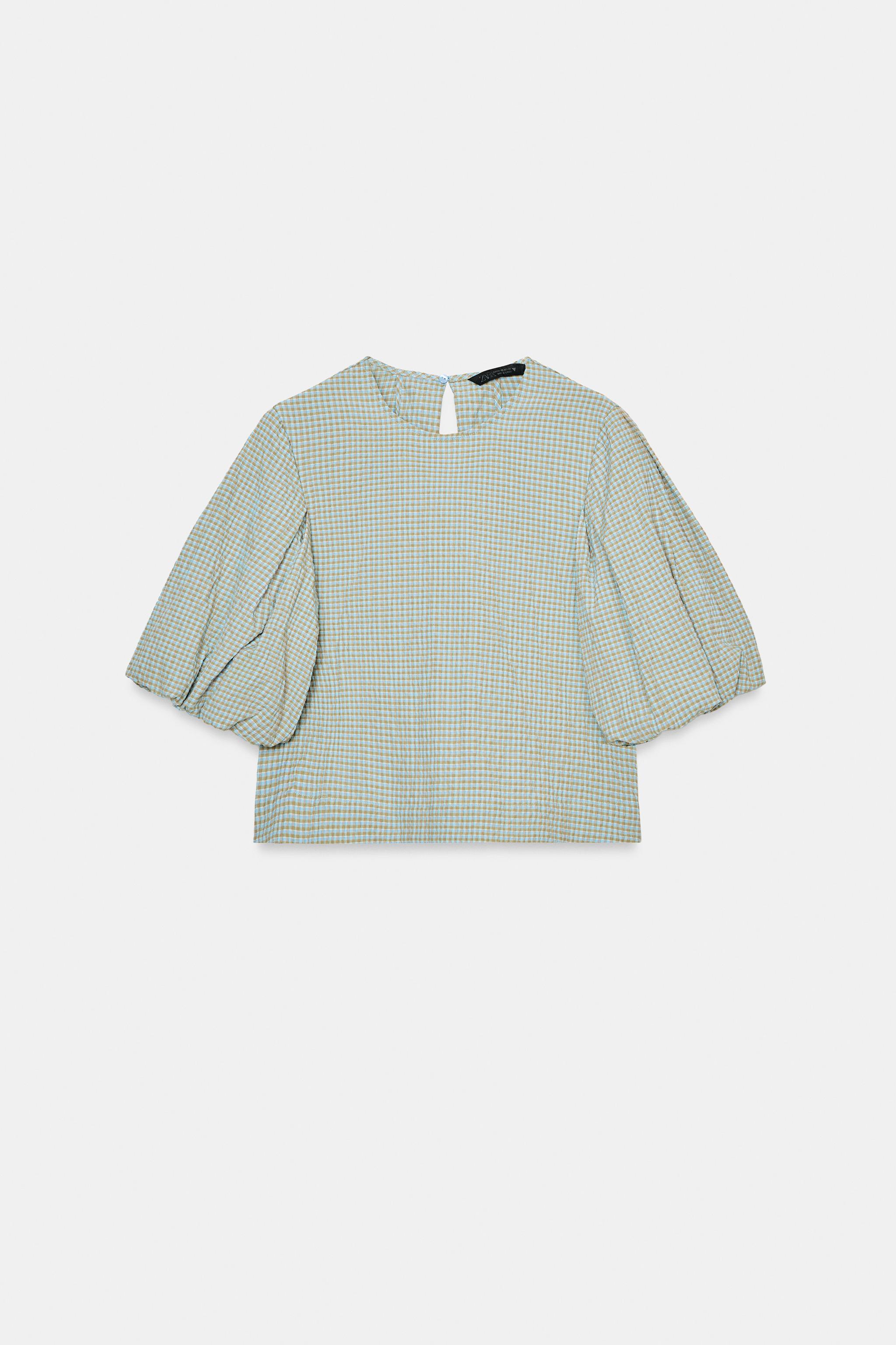 ZARA バルーンスリーブトップス. チェック柄バルーンスリーブトップス - ブラウンブルー | ZARA Japan