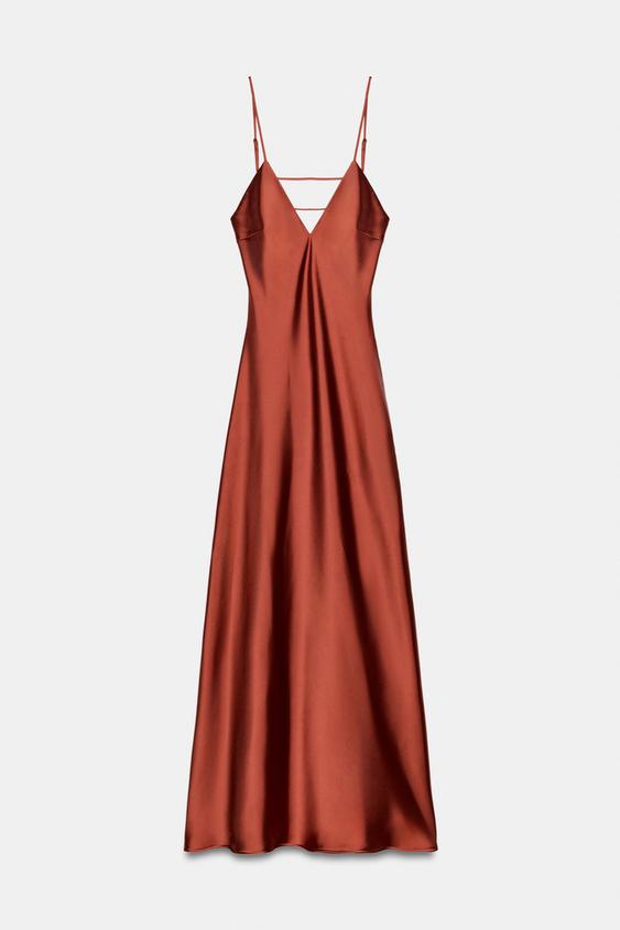 VESTIDO MIDI SATINADO TIRANTES - Rojizo de Zara - Imagen 0